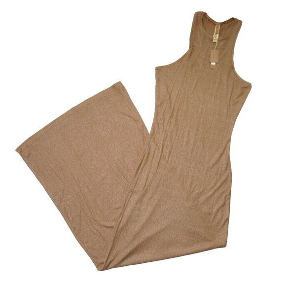 NWT Skims Soft Lounge Shimmer Racerback Maxi in Camel Foil Ribbed Dress L